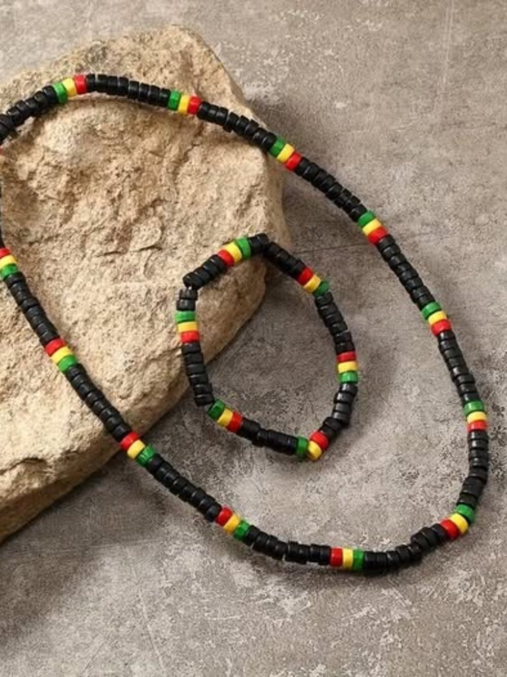 Pan African Jamaican Rasta Ghana Kenya Unisex Wood Bead Necklace and Bracelet